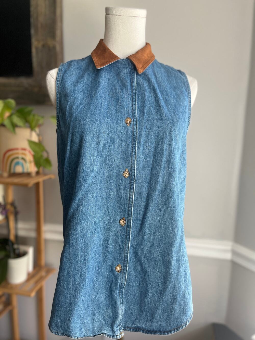 Vintage 90s Denim Vest Suede Collar Button Down Blouse Size Small